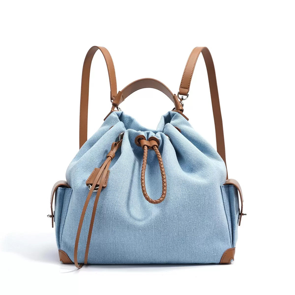 Genuine Leather Denim Patchwork Cool Travel Backpack