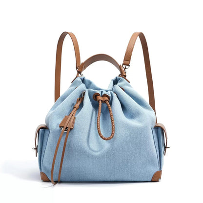 Genuine Leather Denim Patchwork Cool Travel Backpack
