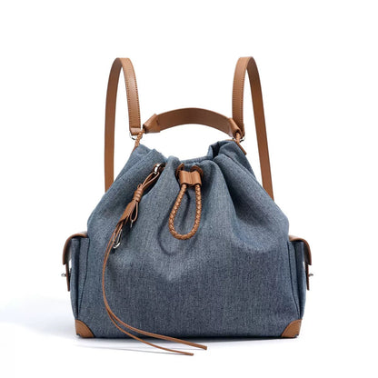 Genuine Leather Denim Patchwork Cool Travel Backpack