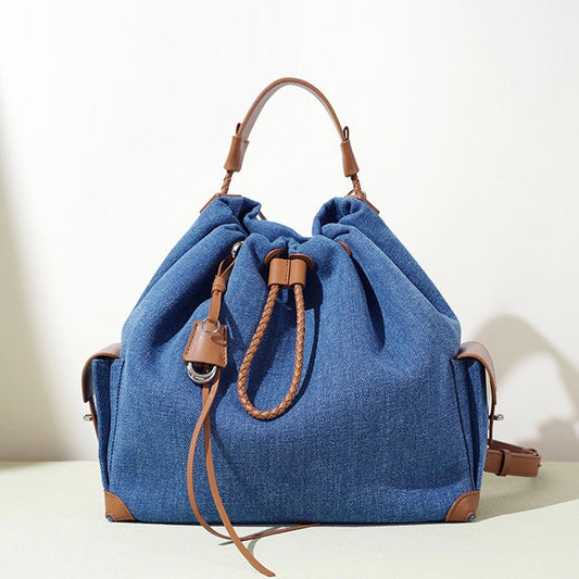 Genuine Leather Denim Patchwork Cool Travel Backpack