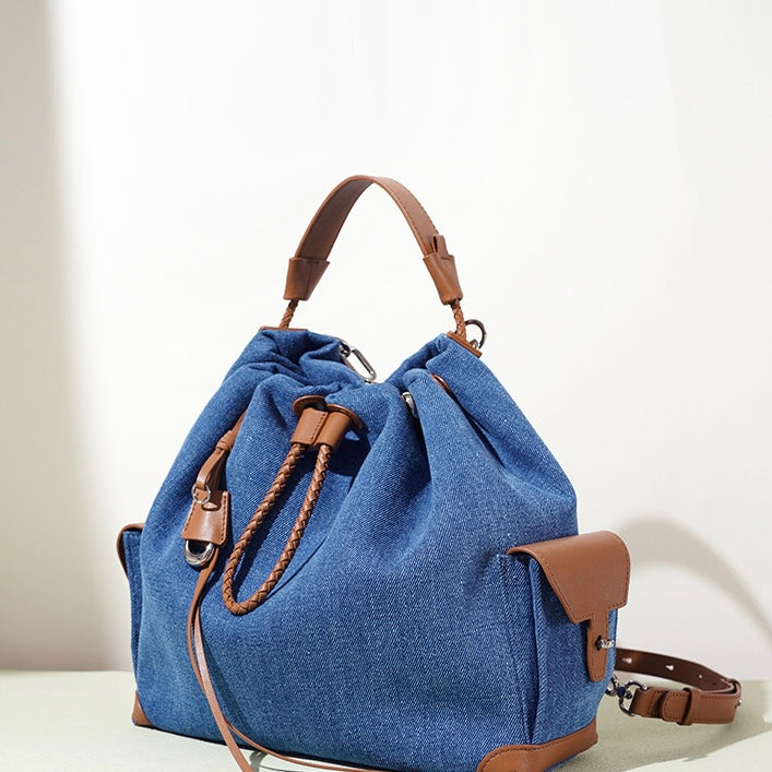 Genuine Leather Denim Patchwork Cool Travel Backpack