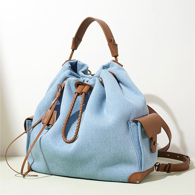Genuine Leather Denim Patchwork Cool Travel Backpack