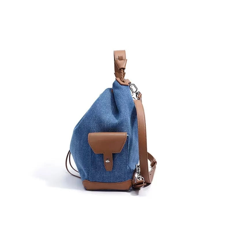 Genuine Leather Denim Patchwork Cool Travel Backpack