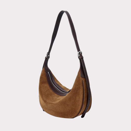 Brown Suede Leather Hobo Shoulder Dumpling Bag