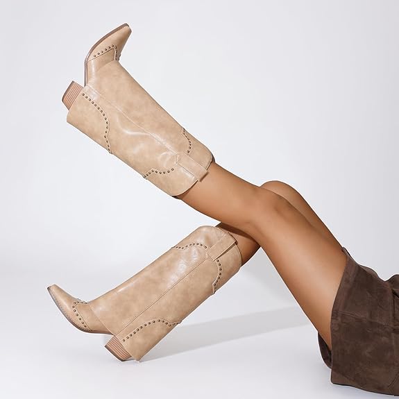 Shark Fold Over Mid Calf Chunky Heel Studded Boots