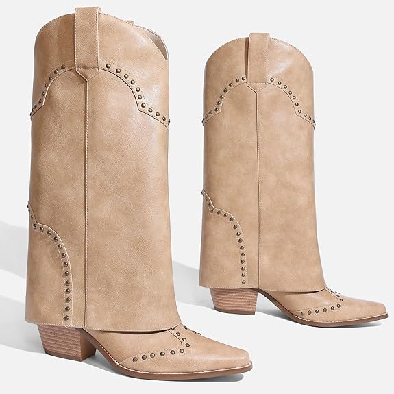 Shark Fold Over Mid Calf Chunky Heel Studded Boots