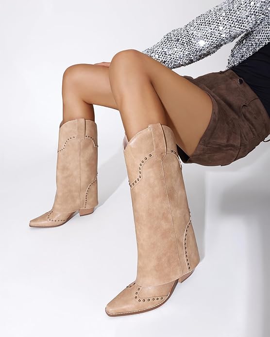 Shark Fold Over Mid Calf Chunky Heel Studded Boots