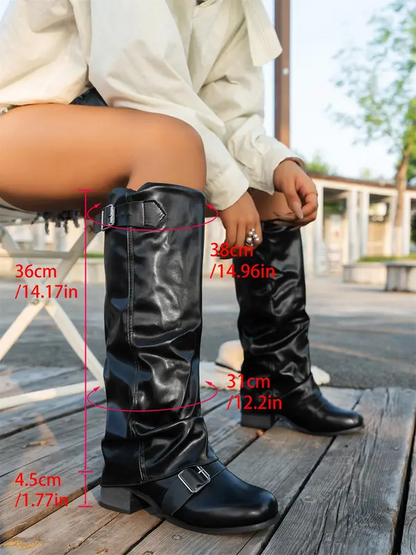 Round Toe Buckle Strap Cuffed Knee Boots