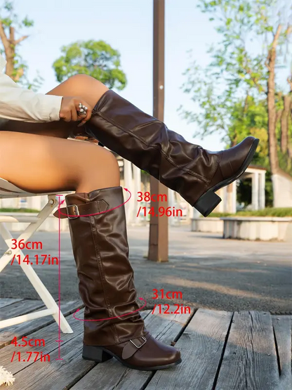 Round Toe Buckle Strap Cuffed Knee Boots