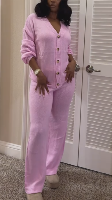 Solid Color V-neck Cardigan And Elastic Waist Wide-leg Pants Two-piece Set