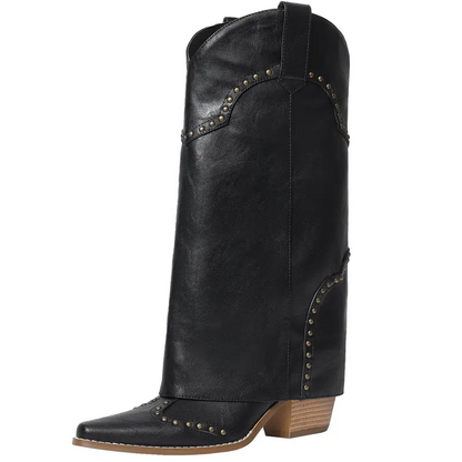 Shark Fold Over Mid Calf Chunky Heel Studded Boots