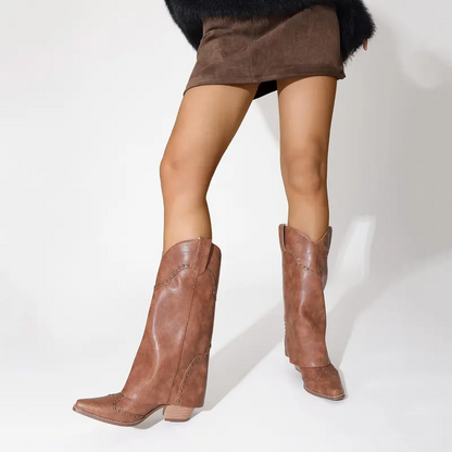 Shark Fold Over Mid Calf Chunky Heel Studded Boots