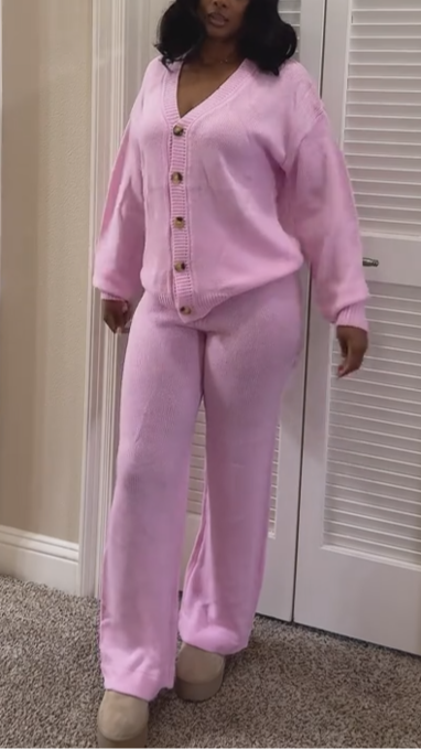 Solid Color V-neck Cardigan And Elastic Waist Wide-leg Pants Two-piece Set