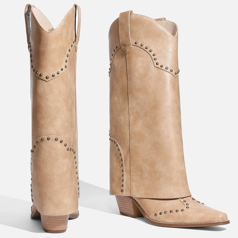 Shark Fold Over Mid Calf Chunky Heel Studded Boots