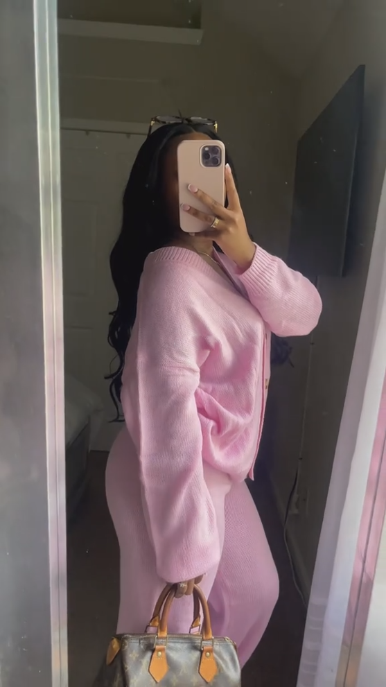 Solid Color V-neck Cardigan And Elastic Waist Wide-leg Pants Two-piece Set