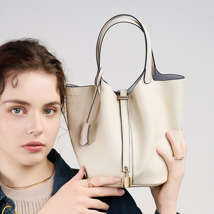 Women's Genuine Leather Silver Buckle Basket Bag