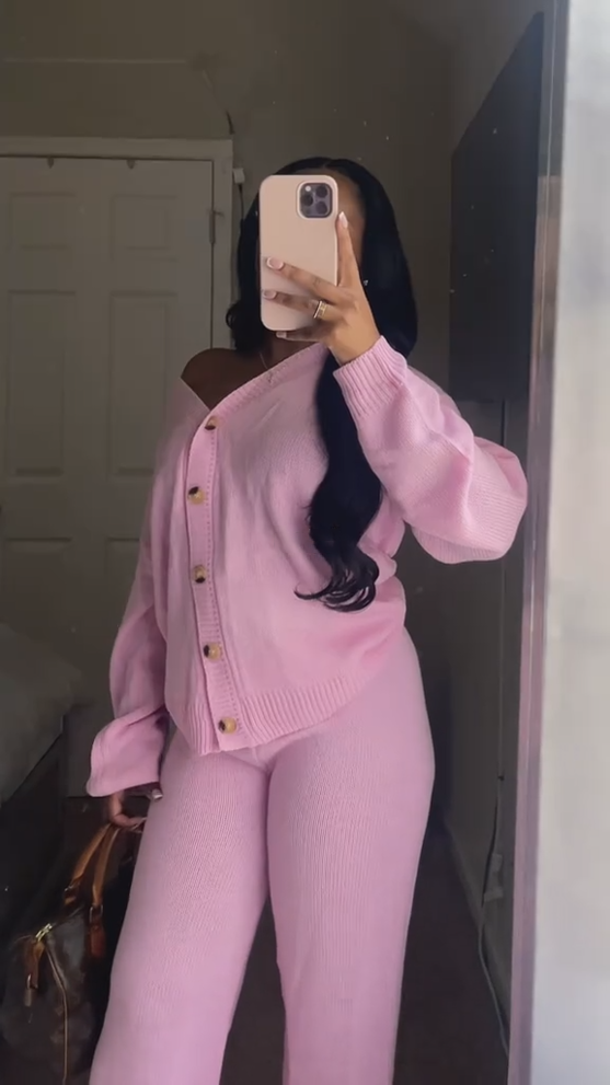 Solid Color V-neck Cardigan And Elastic Waist Wide-leg Pants Two-piece Set