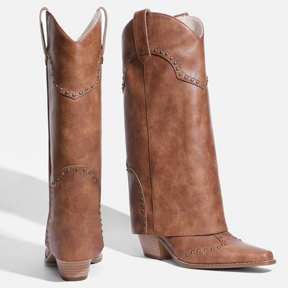 Shark Fold Over Mid Calf Chunky Heel Studded Boots