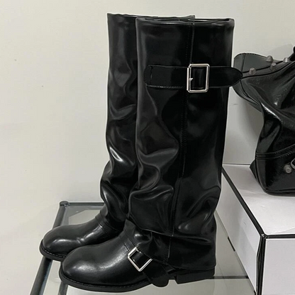 Round Toe Buckle Strap Cuffed Knee Boots