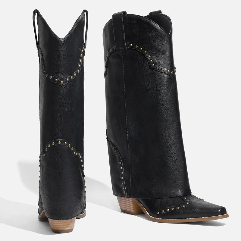 Shark Fold Over Mid Calf Chunky Heel Studded Boots