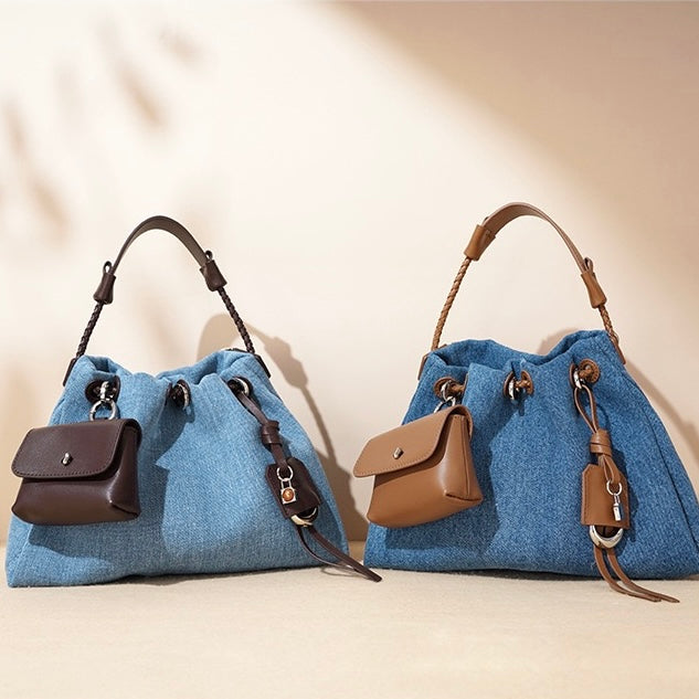 Genuine Leather Denim Patchwork Cool Hobo Bag