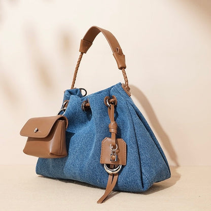 Genuine Leather Denim Patchwork Cool Hobo Bag