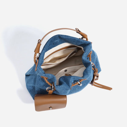 Genuine Leather Denim Patchwork Cool Hobo Bag