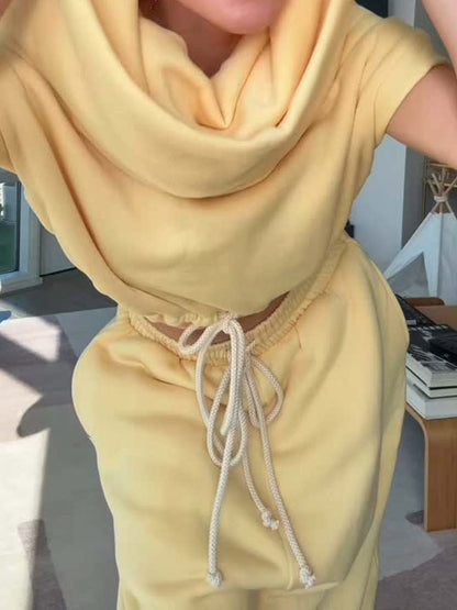 Capped Sleeve Drawstring Waist Two Pieces Set