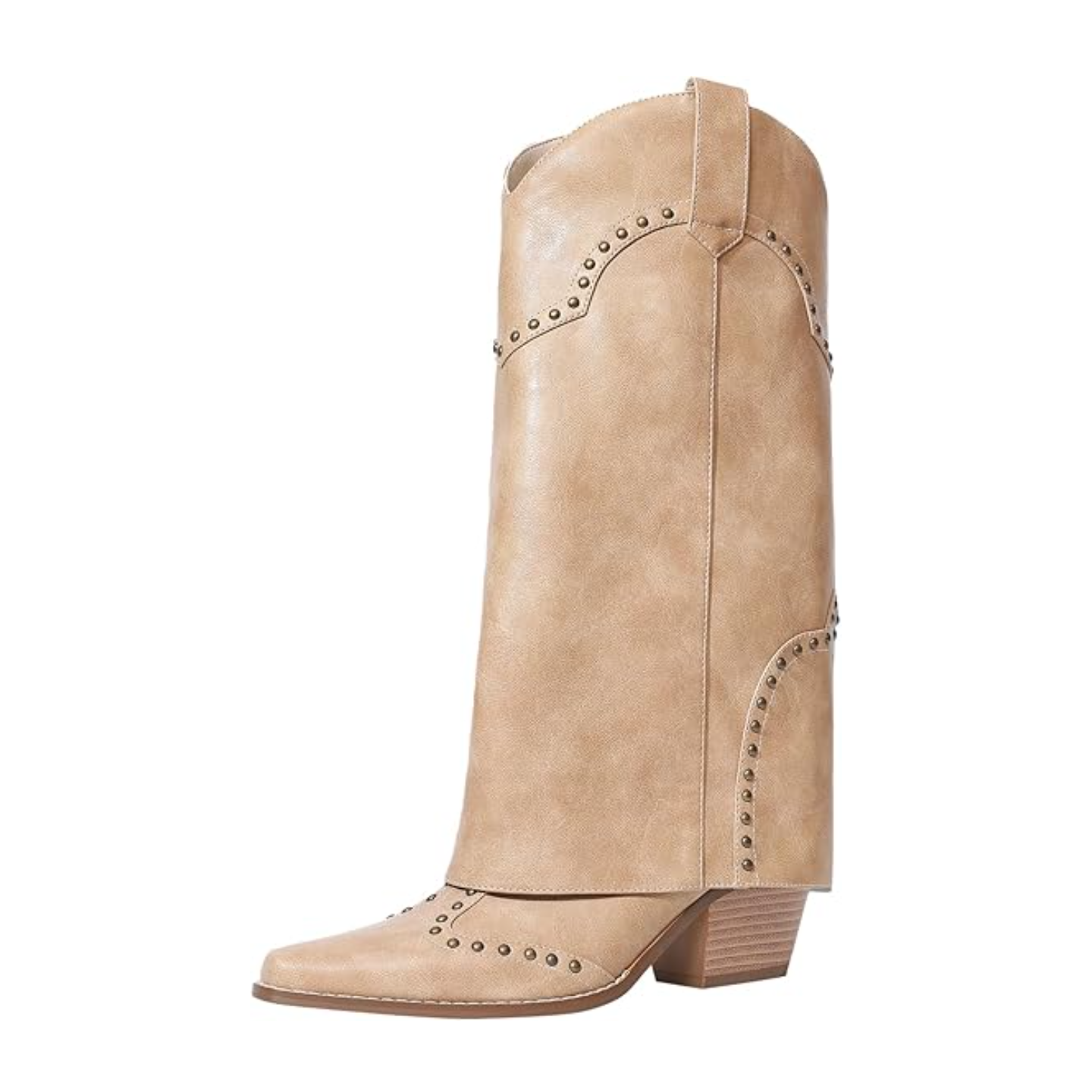 Shark Fold Over Mid Calf Chunky Heel Studded Boots