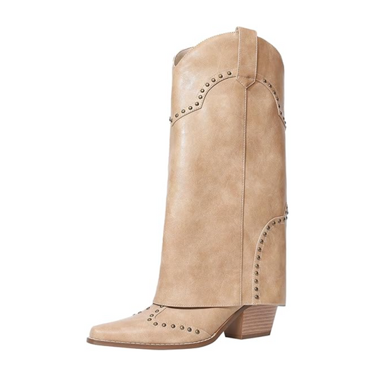 Shark Fold Over Mid Calf Chunky Heel Studded Boots